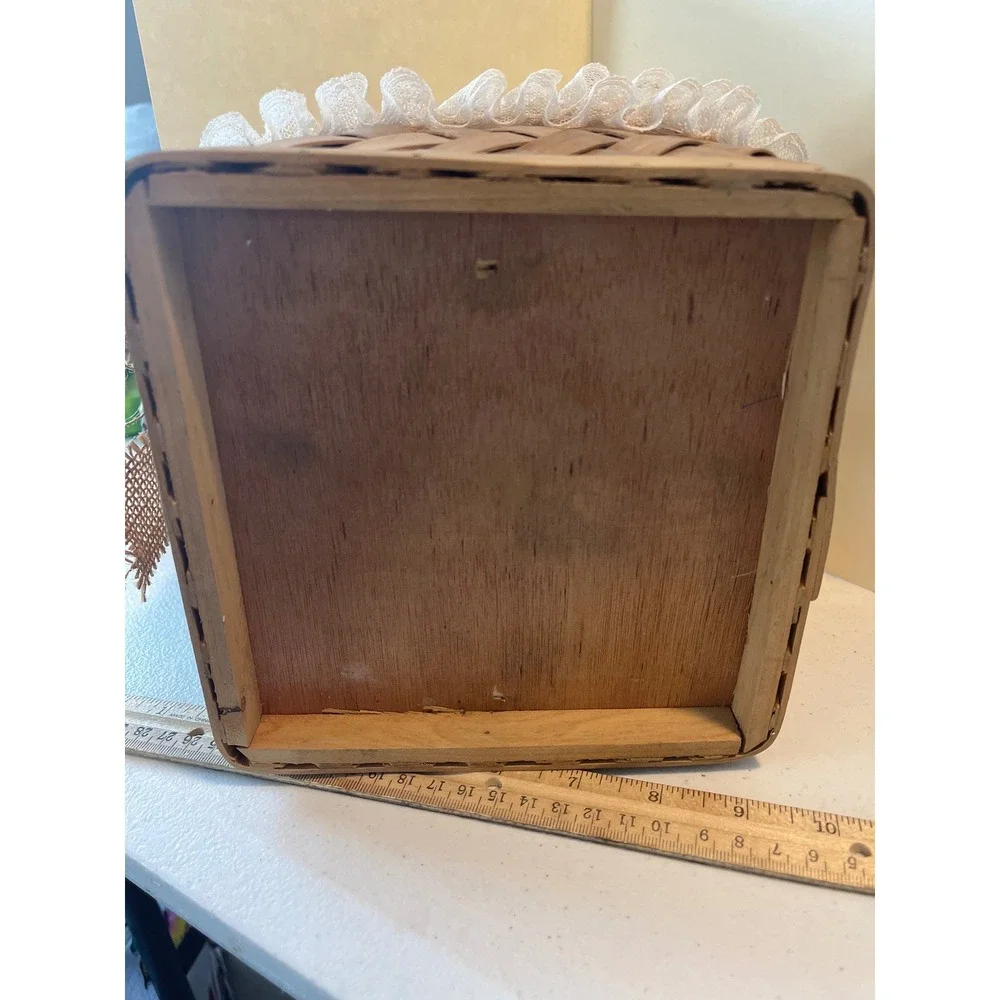 Vintage Woven Wood Basket with Lace Trim Burlap Bow and Blue Fabric Liner